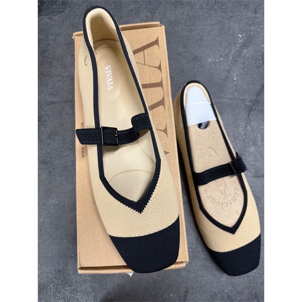 Mary Jane Flats Knit Ballet Shoes Cap Toe Comfortable
Beige Black EU/41.5 US/10